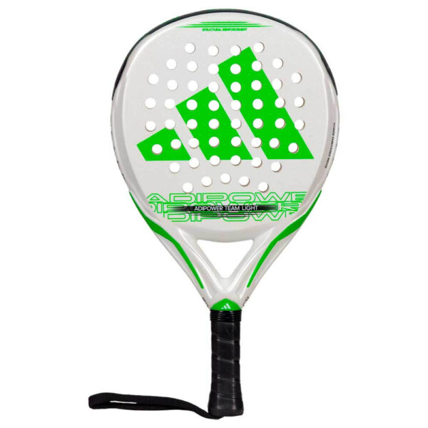 Front view of the Adidas Adipower Team Light 3.3 padel racket, highlighting its round shape and vibrant green accents.