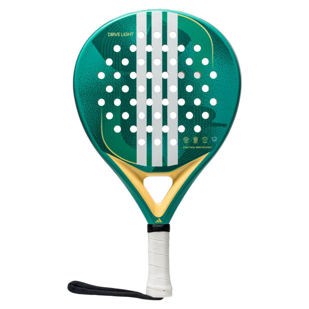 Front view of the Adidas Drive Light 3.4 padel racket, highlighting its round shape and turquoise design.