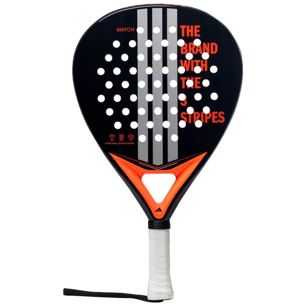 Front view of the Adidas Match Black 3.4 padel racket, highlighting its round (Allround) shape and black design