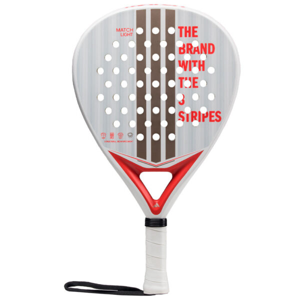 Front view of the Adidas Match Light 3.4 padel racket, showcasing its hybrid shape and distinctive red and white design.