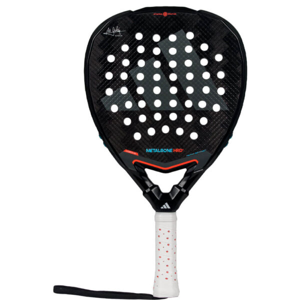 Front view of the Adidas Metalbone HRD+ 3.4 padel racket, showcasing its diamond shape and 16K aluminized carbon surface