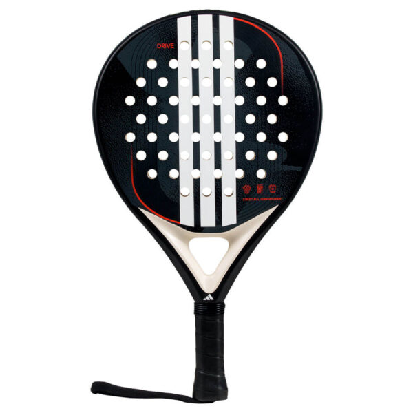 Front view of the Adidas Drive Black 3.4 padel racket showcasing its round shape and fiberglass surface